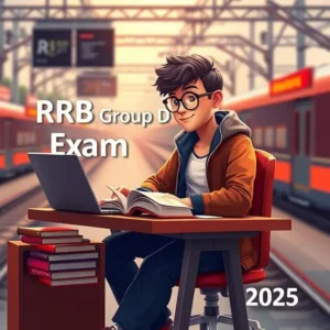 RRB Group D 2025 परीक्षा की तैयारी करते हुए छात्र, लैपटॉप और किताबों के साथ