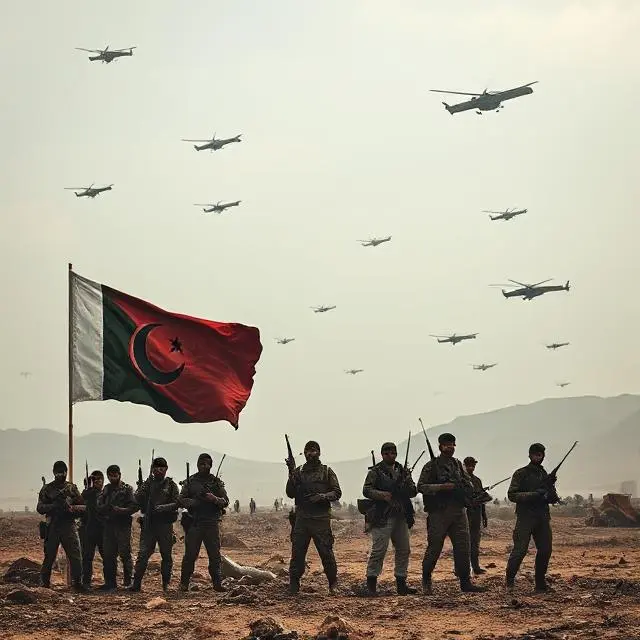 Balochistan Liberation Army (BLA) fighters with flag, Pakistan military in background.