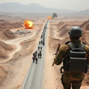 CPEC project in Pakistan under military security, explosion in distance.