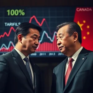 Canadian Prime Minister and Chinese President in a tense discussion with economic graphs showing '100% Tariffs' and 'Trade War' in the background.